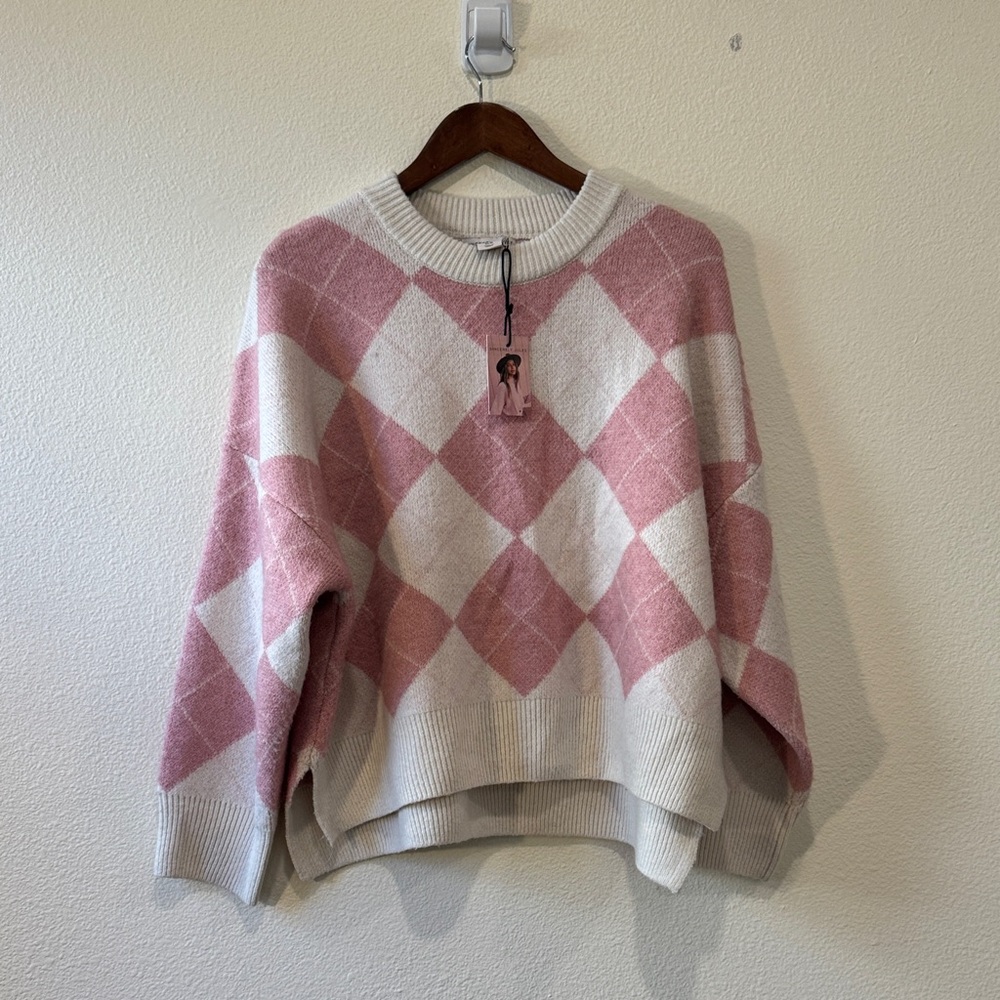 Sincerely Jules Pink and White Argyle Sweater